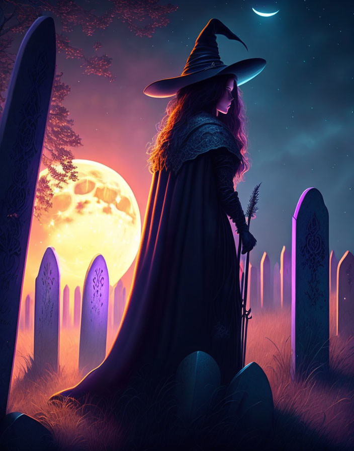 A female witch stands in the moonlight 