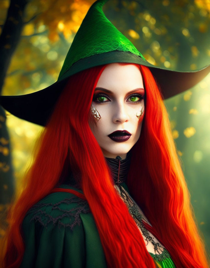  A female witch with long red hair and green eyes.