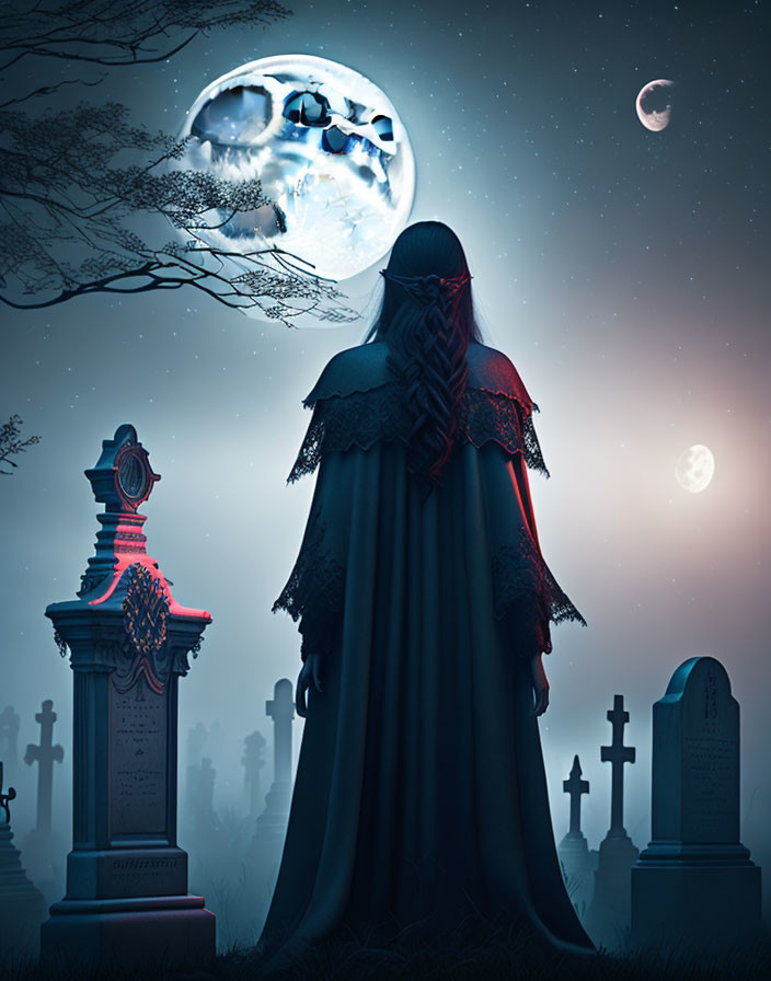  A female vampire, in a cemetery, full moon, fog, 