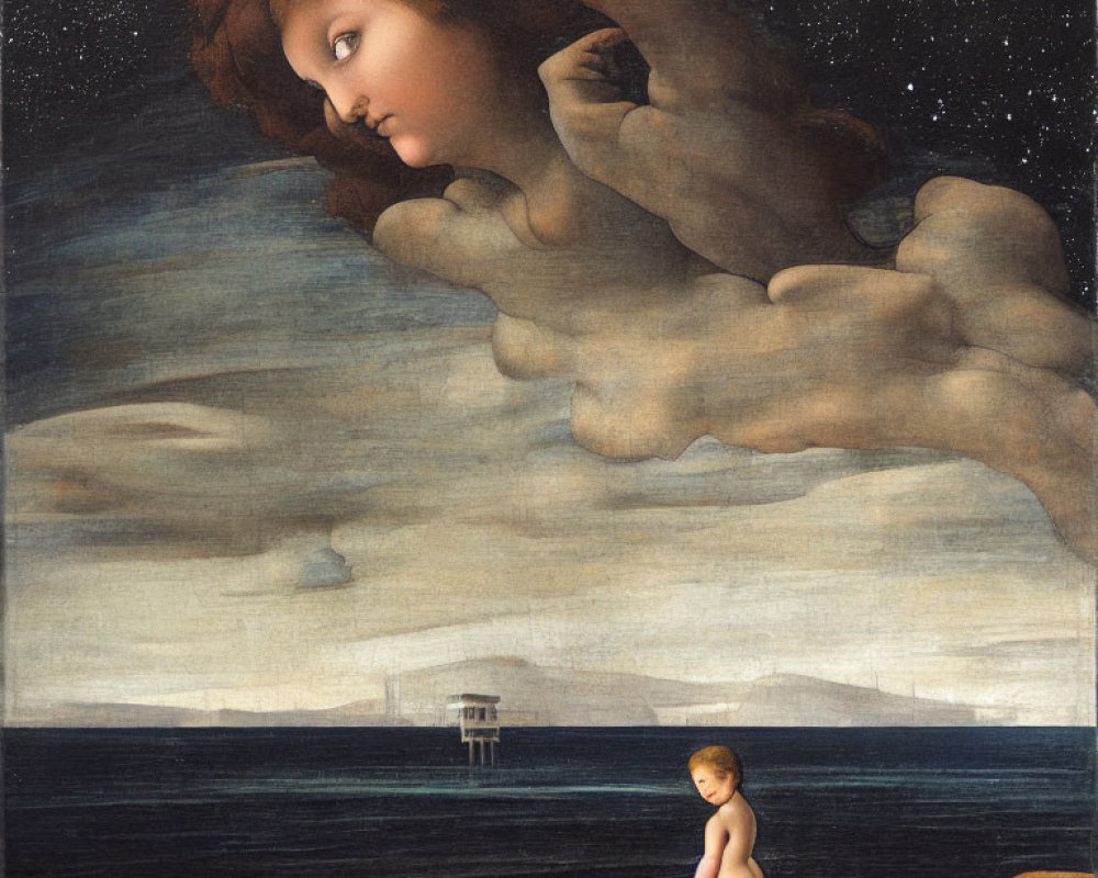 Surreal artwork: ethereal female face in sky above misty seascape
