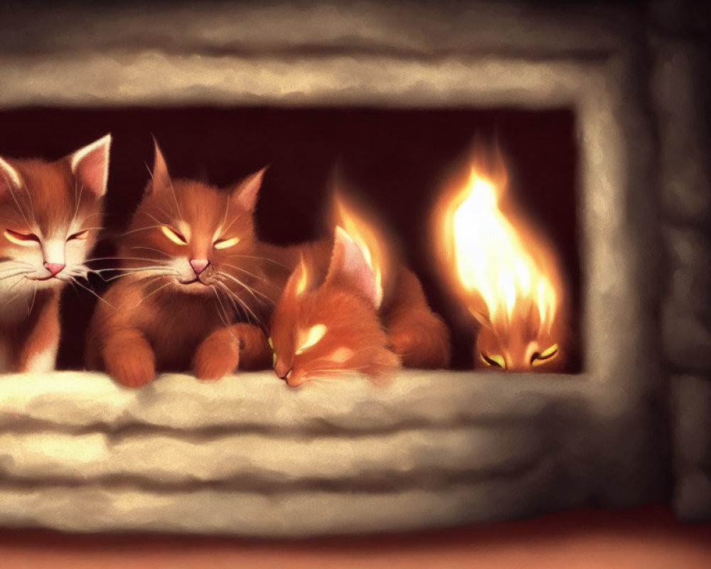 Four Cats Snuggled by Warm Fireplace