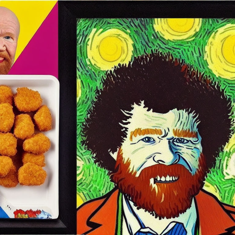 Colorful Van Gogh-style portrait with bearded figure and chicken nuggets on plate.