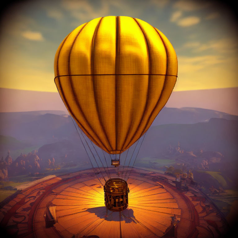 Golden hot air balloon floating above patterned launchpad with scenic hills at sunrise or sunset