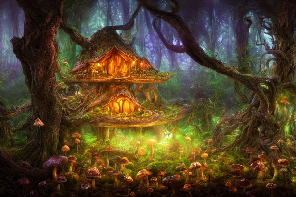 Enchanted forest scene with whimsical glowing treehouse