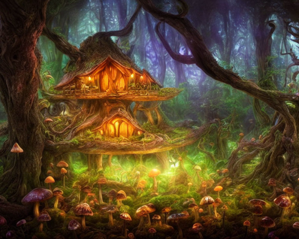 Enchanted forest scene with whimsical glowing treehouse