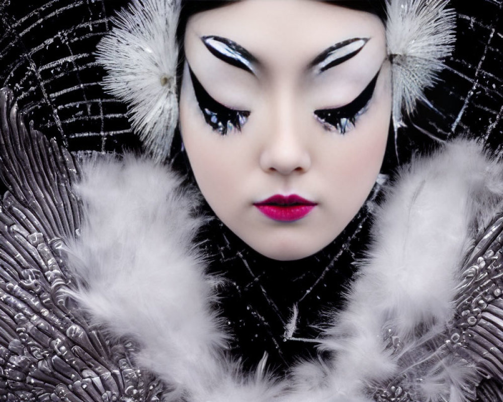 Dramatic black and white makeup with feathered costume for avant-garde look