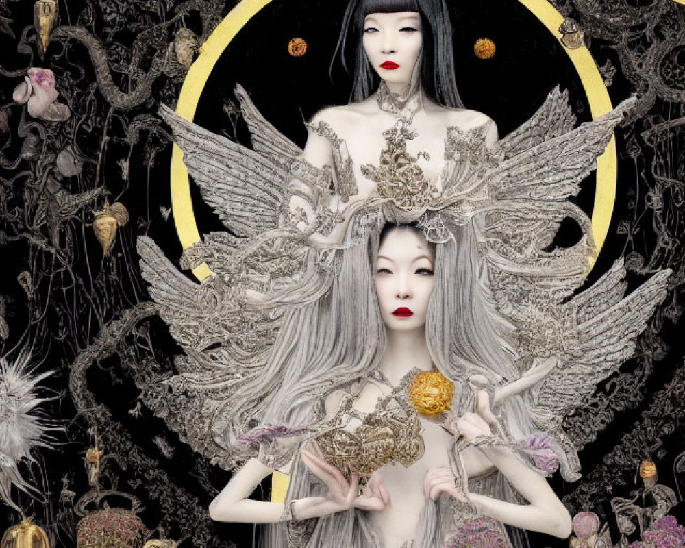 Surreal artwork: Two women with elaborate hair and attire on black background with golden accents and celestial