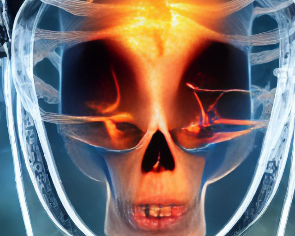 Digital Artwork: Humanoid Figure with Translucent Head and Fiery Skull, Blurred Background