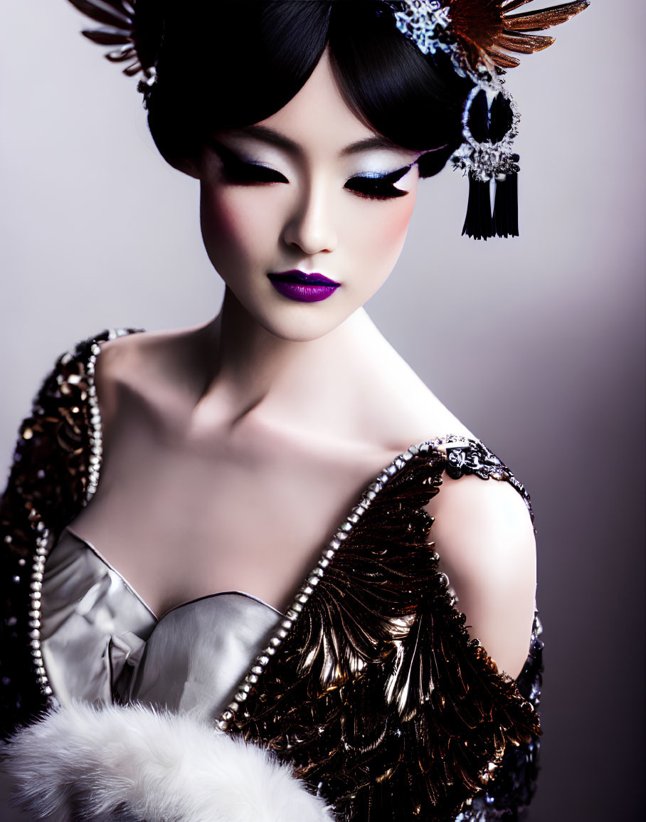 Stylish woman with dramatic makeup and elaborate hairstyle in sequined shoulder garment and decorative headpiece holding