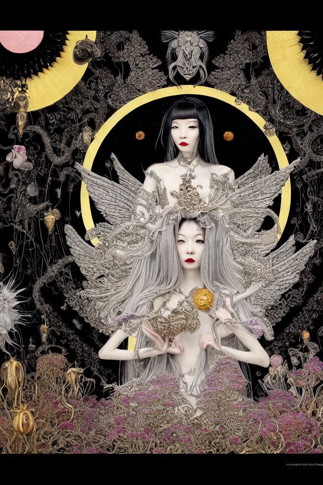 Surreal artwork: Two women with elaborate hair and attire on black background with golden accents and celestial