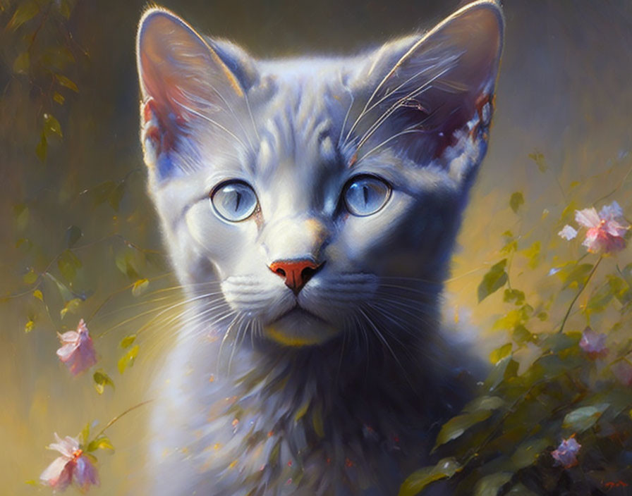 Realistic Grey Kitten Painting with Blue Eyes and Pink Flowers