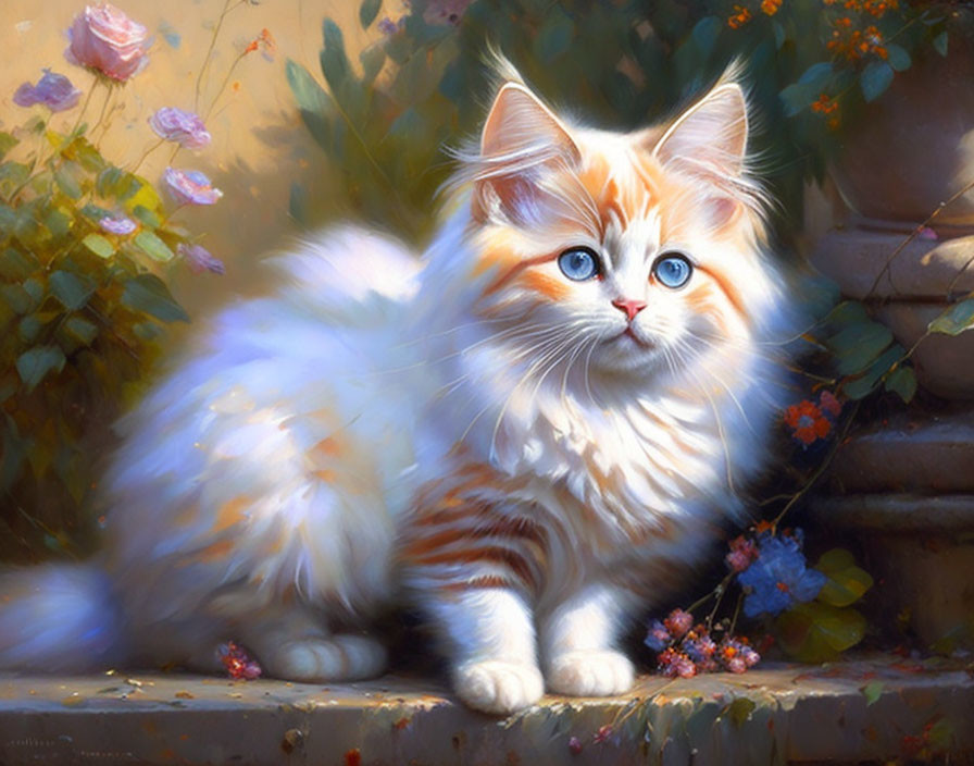Fluffy Orange and White Cat with Blue Eyes Among Flowers