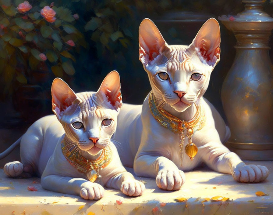 Sphynx Cats with Golden Necklaces in Sunlight and Flowers