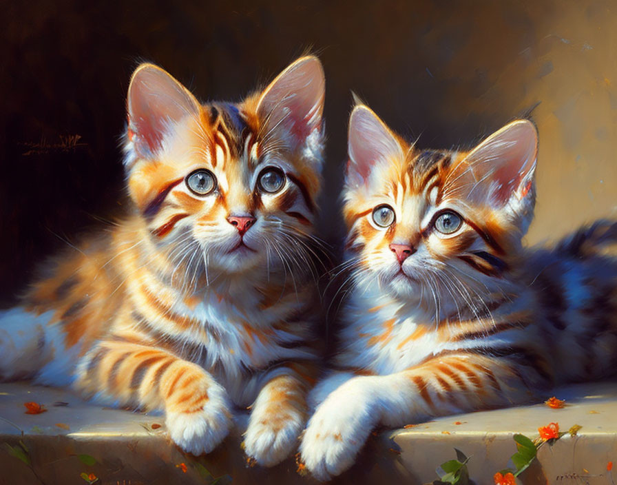 Two cute striped kittens with bright eyes in warm light and flowers.