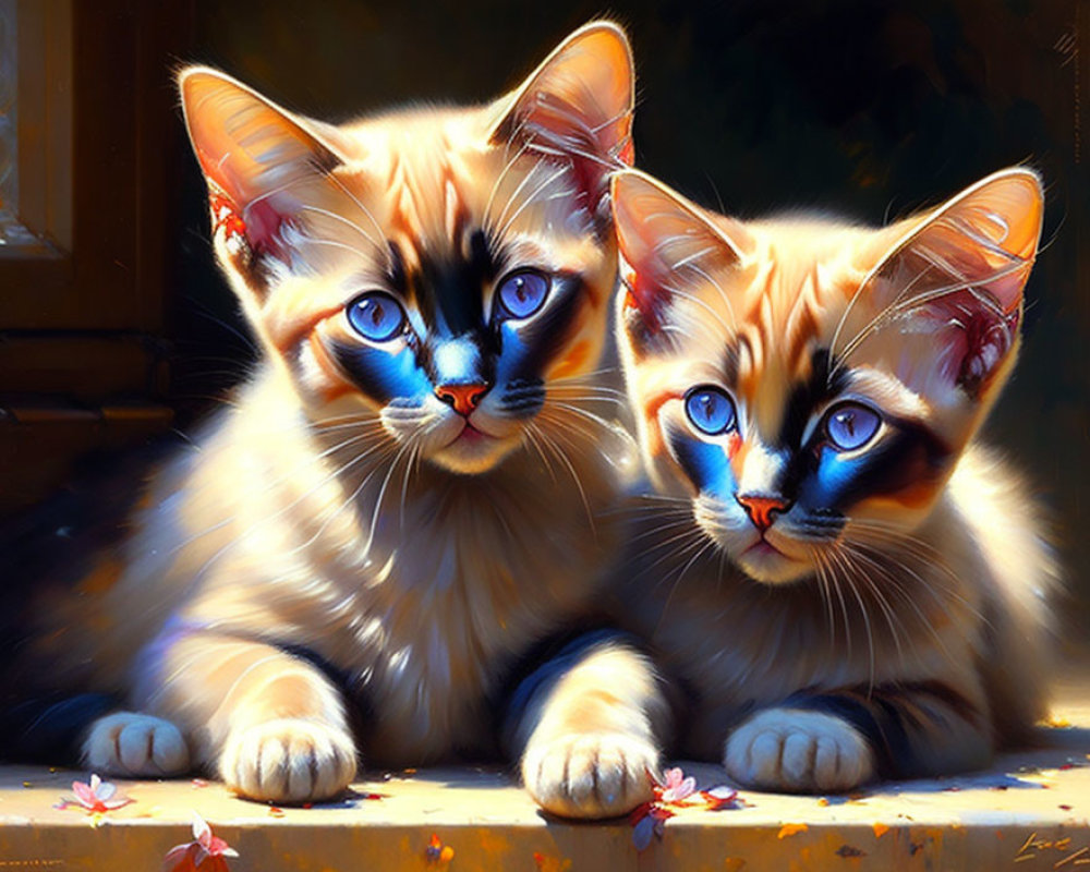 Siamese Kittens with Blue Eyes Among Pink Flowers