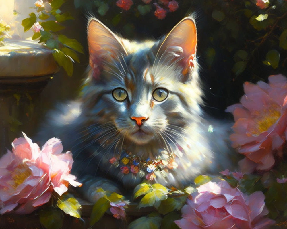 Fluffy Cat Surrounded by Pink Flowers and Sunlight