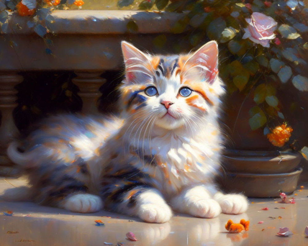 Multicolored kitten with blue eyes on sunlit patio with rose bush backdrop