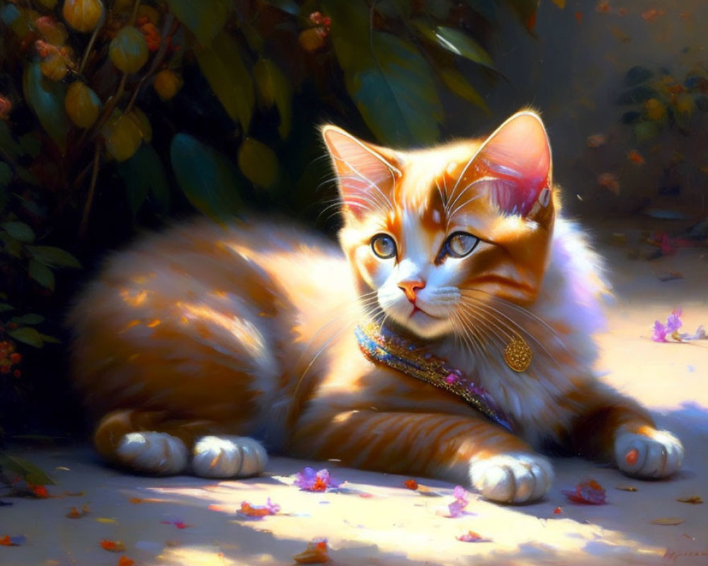 Orange and White Cat with Pendant Among Colorful Petals in Dappled Sunlight