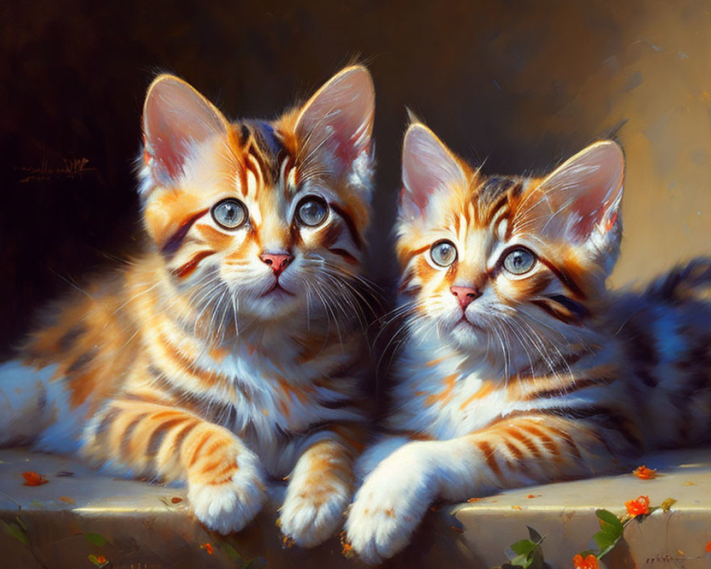 Two cute striped kittens with bright eyes in warm light and flowers.
