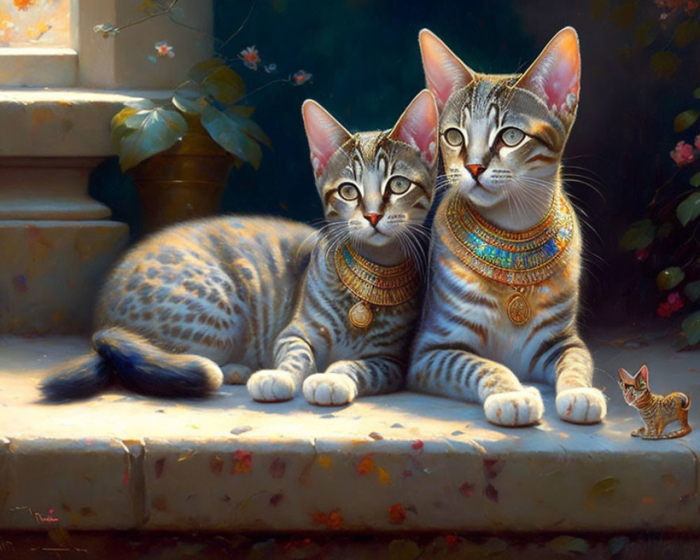 Regal cats with gold necklaces lounging on sunlit stone ledge