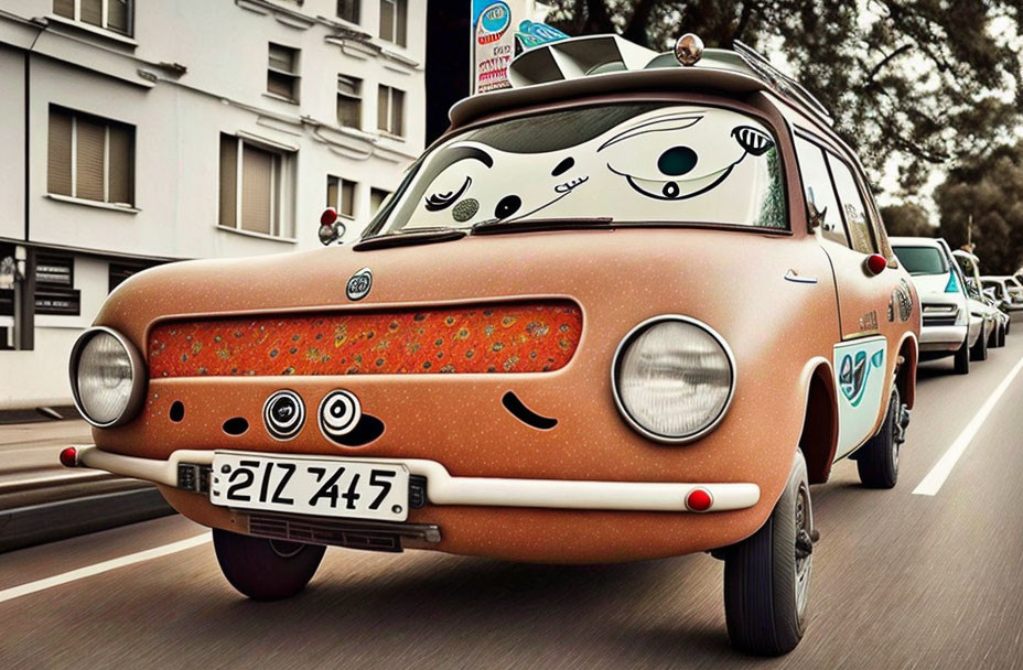 car with a cartoon face.