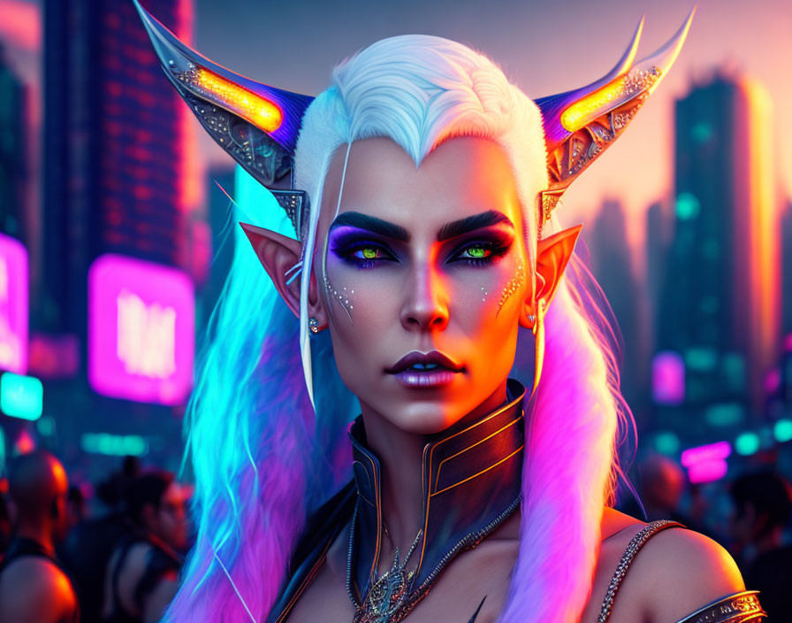 Neon City's Elven Cyberpunk Beauty