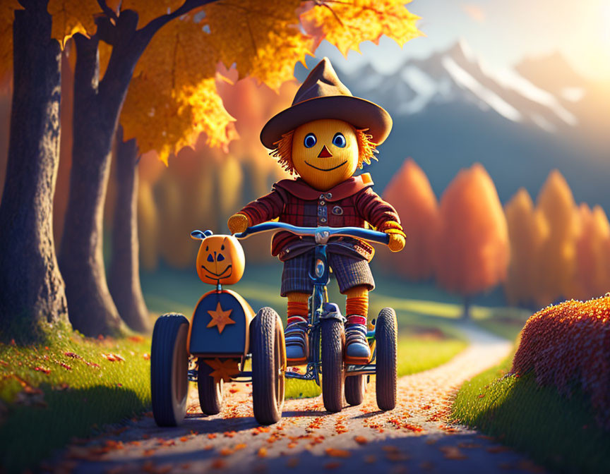 Hay boy on a tricycle in the autumn forest