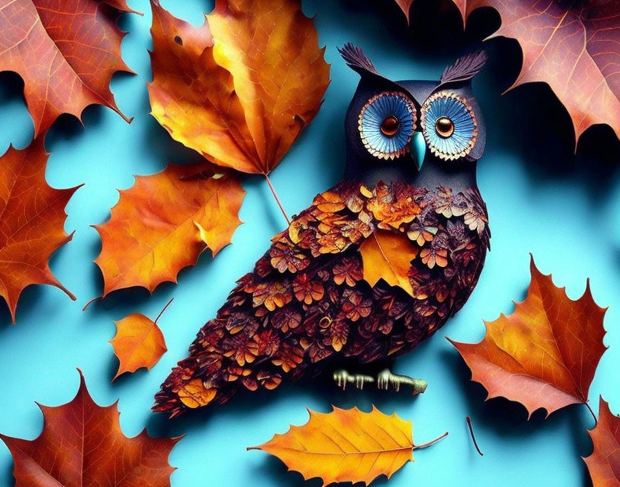craft owl from autumn leaves and black cardboard