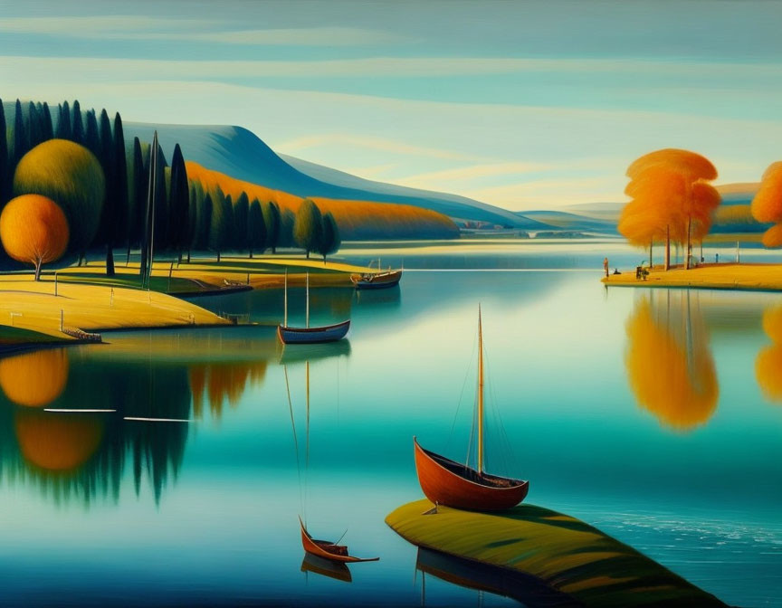 Peaceful autumn scene on a lake with boats