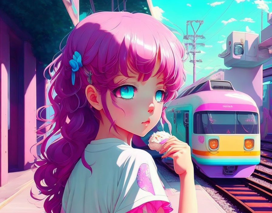 Anime girl with the pink air waiting a train