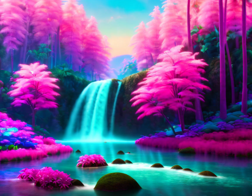 Pink tress with a water fall