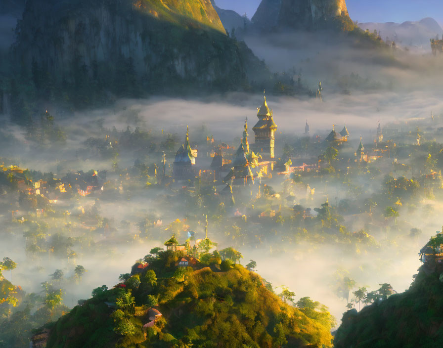 A city of floating crystal spires shrouded in mist