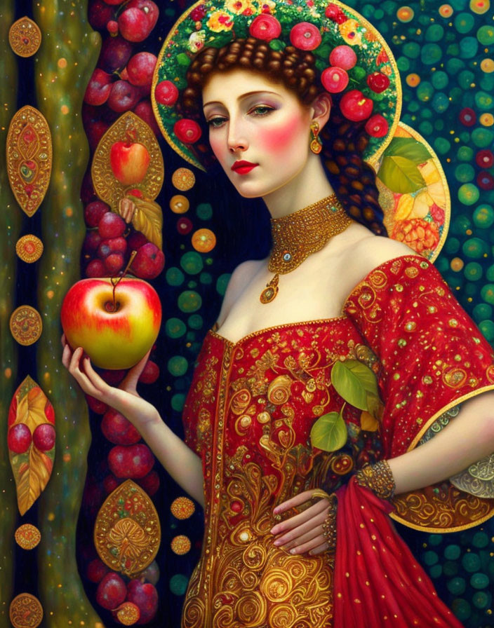 Beautiful girl with an apple in style of Klimt