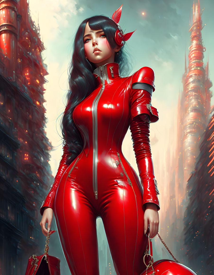 Girl in city of the future in a tight red suit