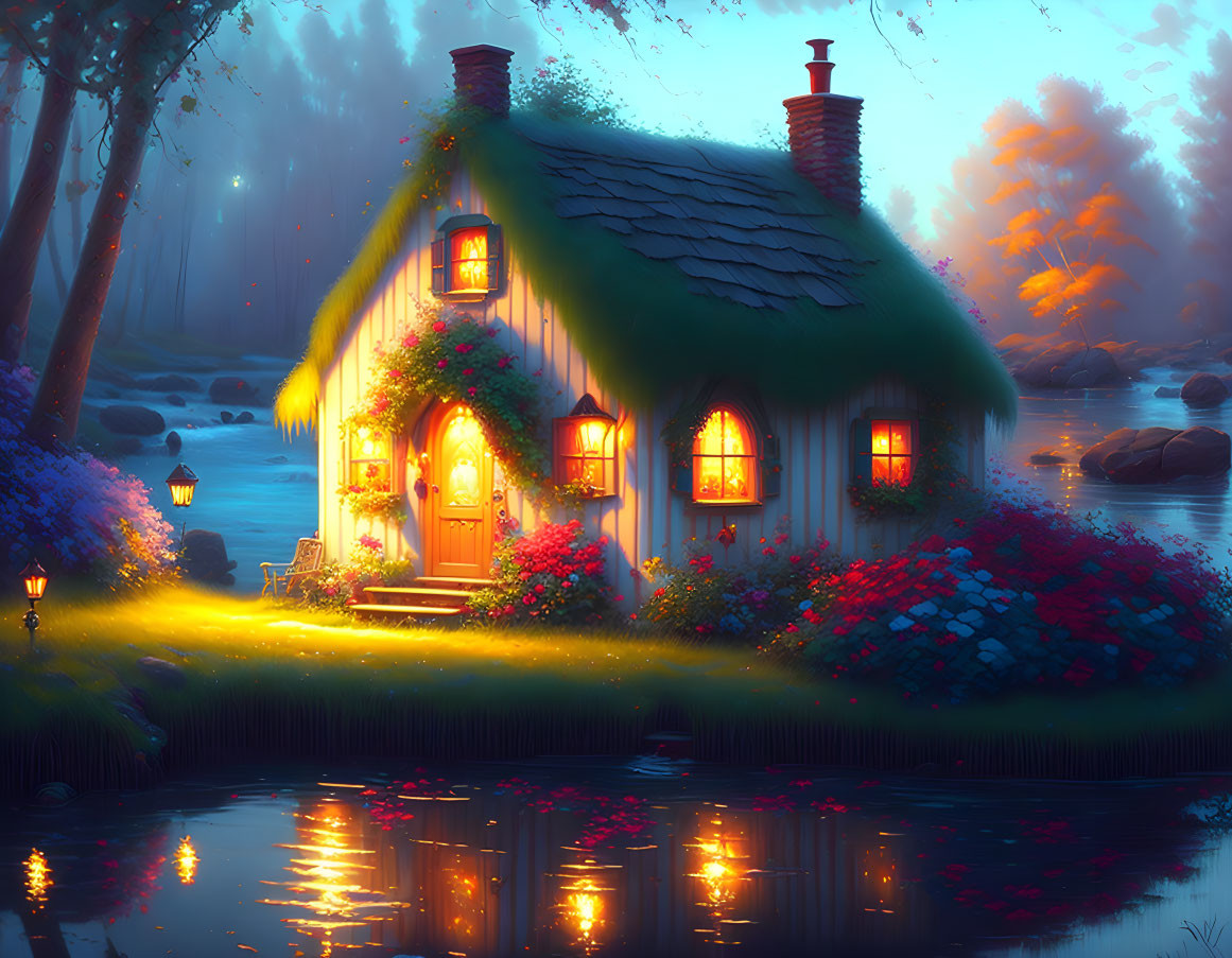 Painting of a whimsical cottage near the water