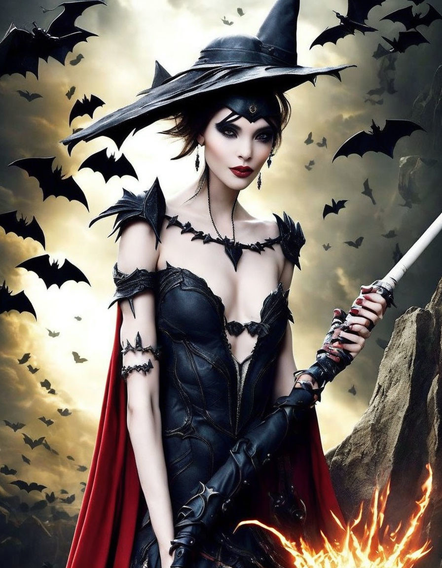 Witch and bats in the background