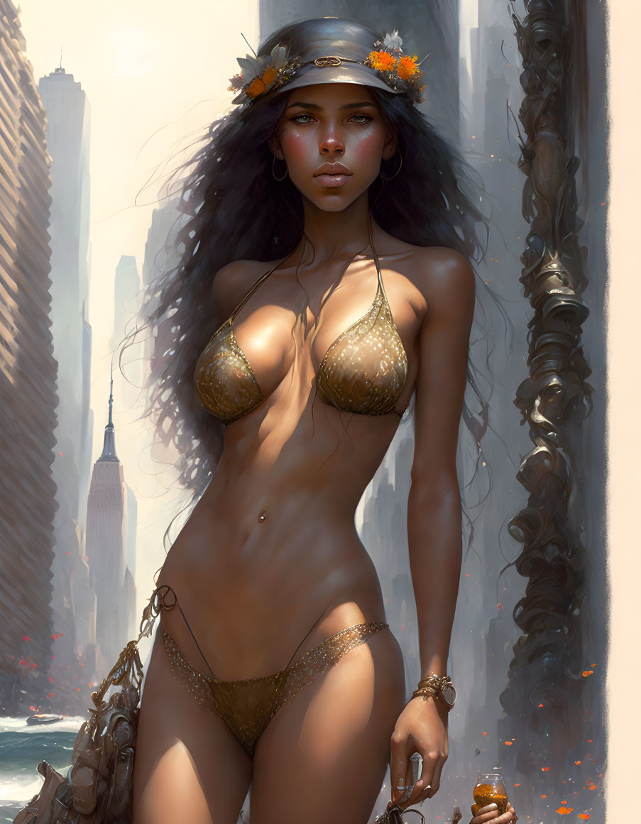 Girl in a thin bikini in New York