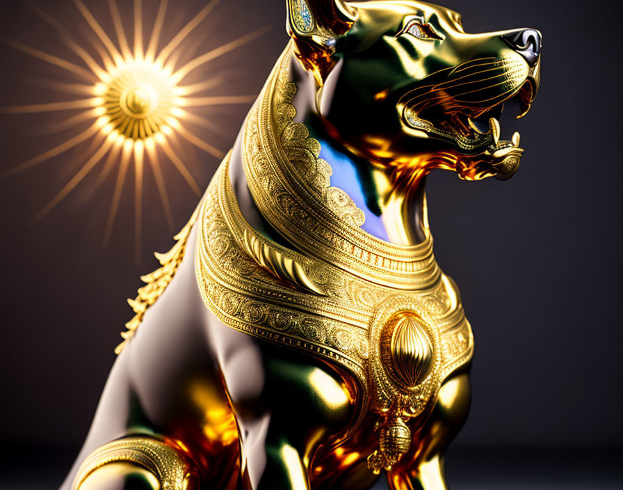 Gold metal Egyptain style hellhound statue