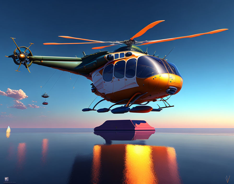 Painting of a whimsical helicopter near the water