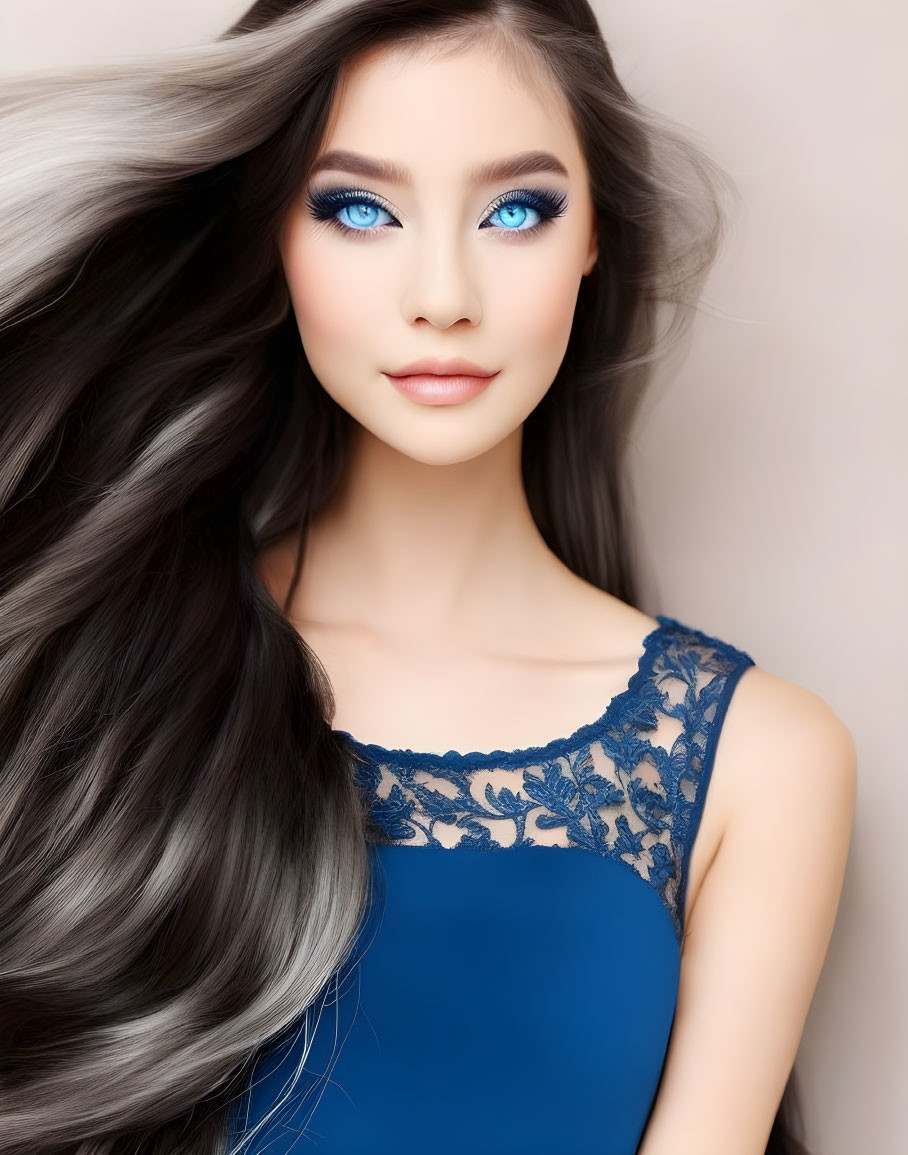 Girl with long gray hair blue eyes