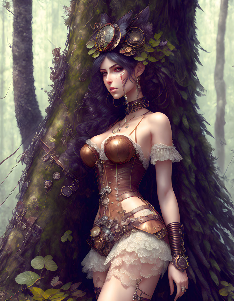 Steampunk garter buxom girl in the forest