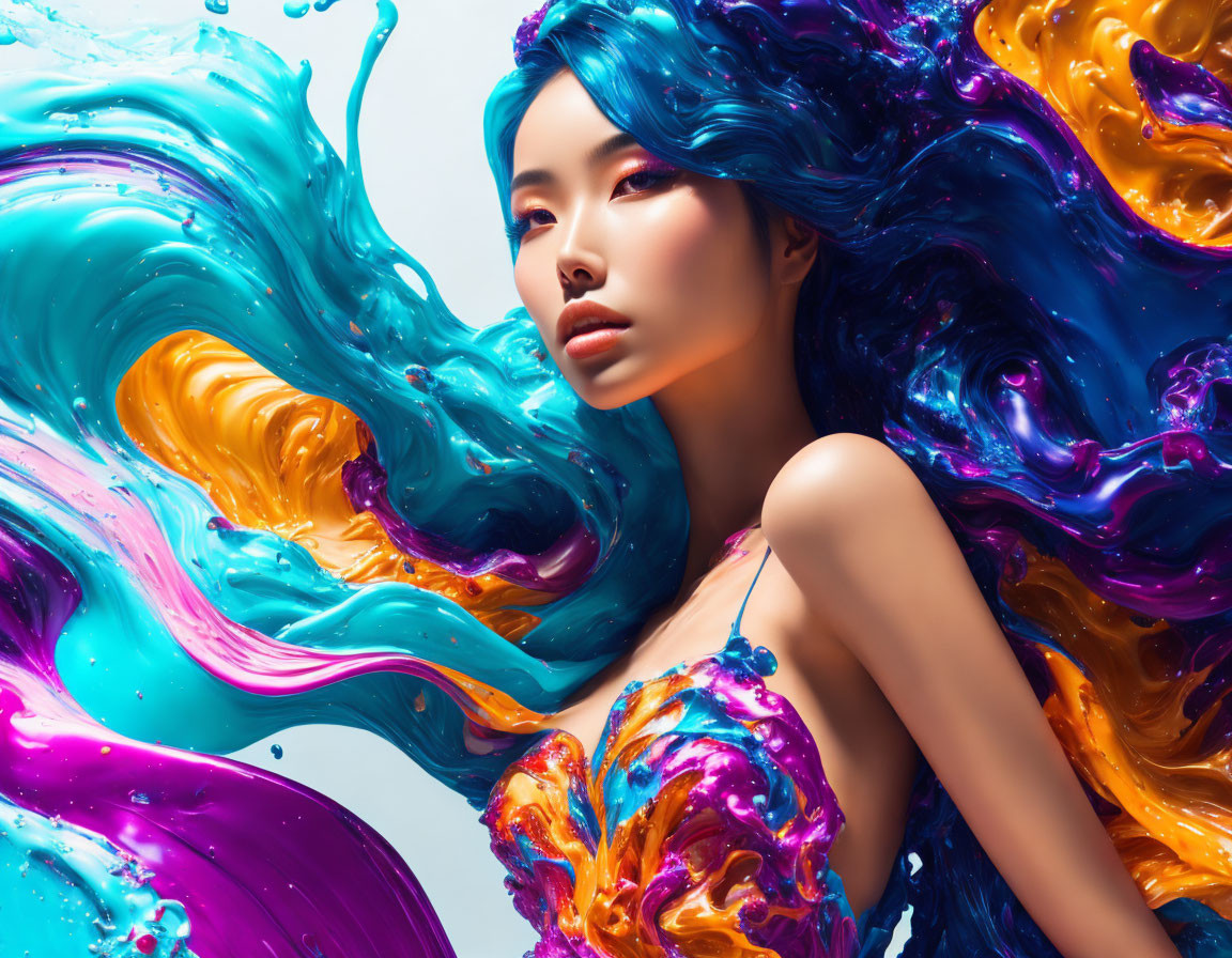 Woman appearing from colorful liquid oil paint