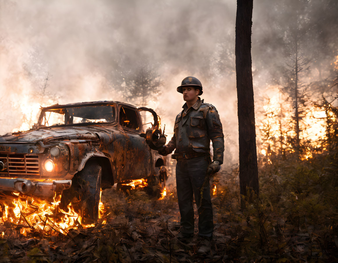 Rusty burning and broken vehicle in forest 