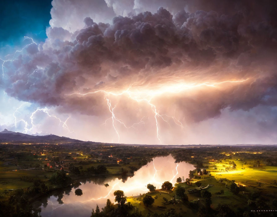 Landscape lightning storm over small village