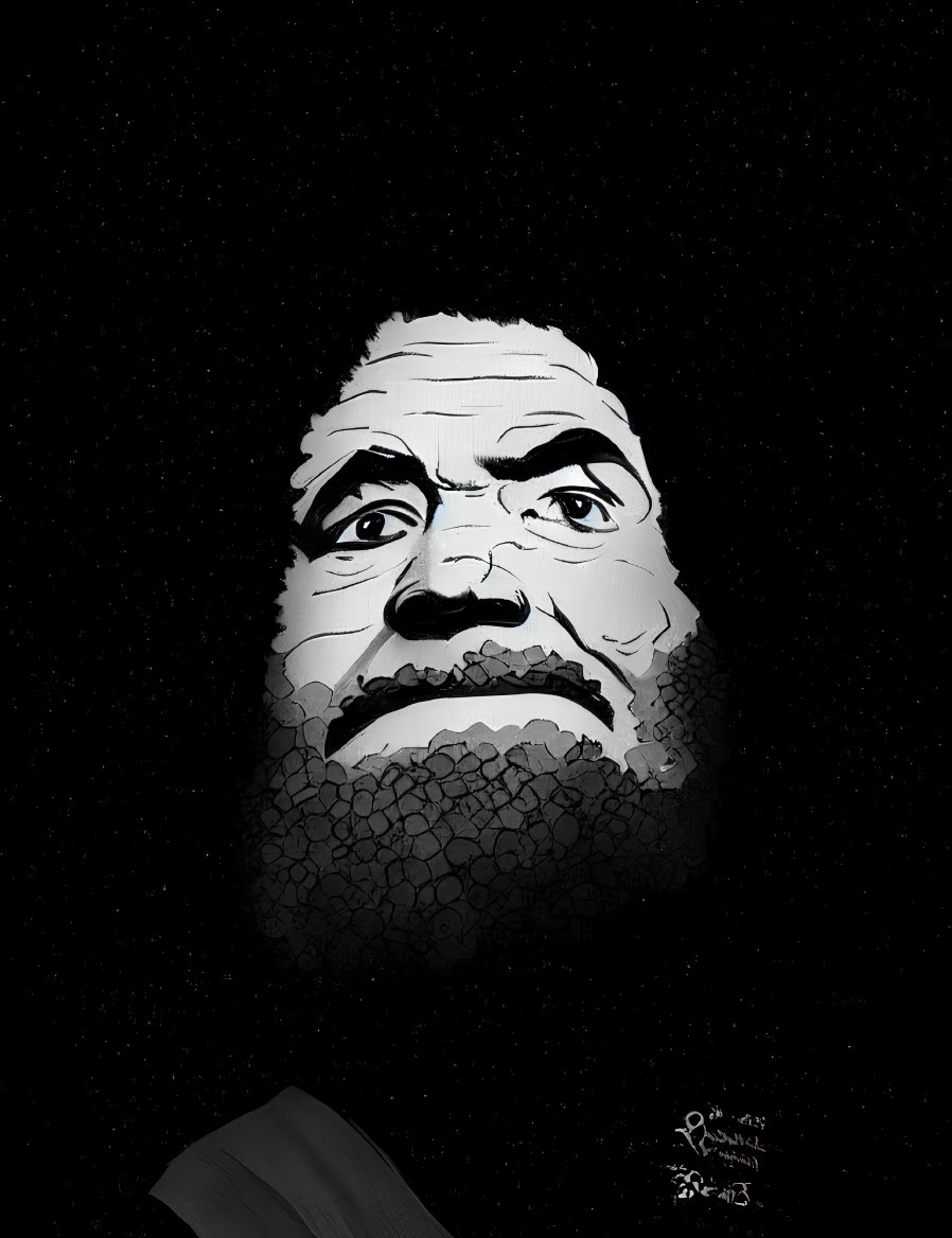 Bearded man in grayscale with textured shading on dark background
