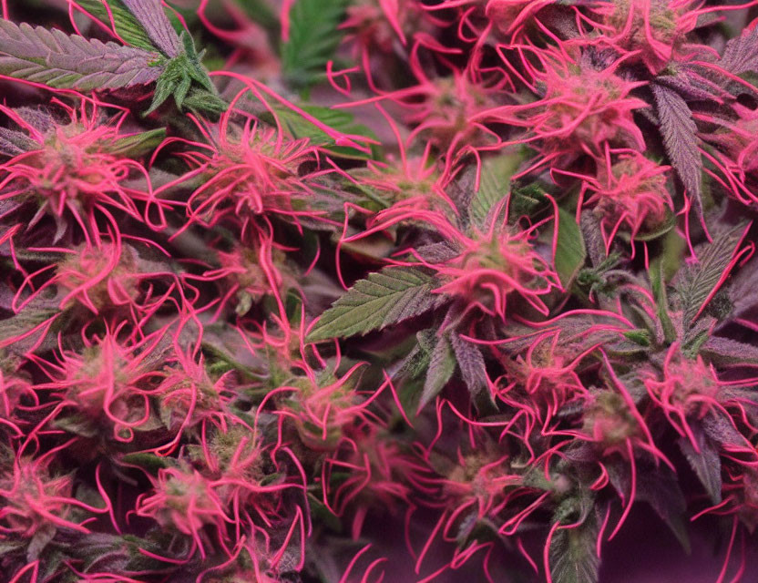 Blooming pink cannabis flowers with green leaves