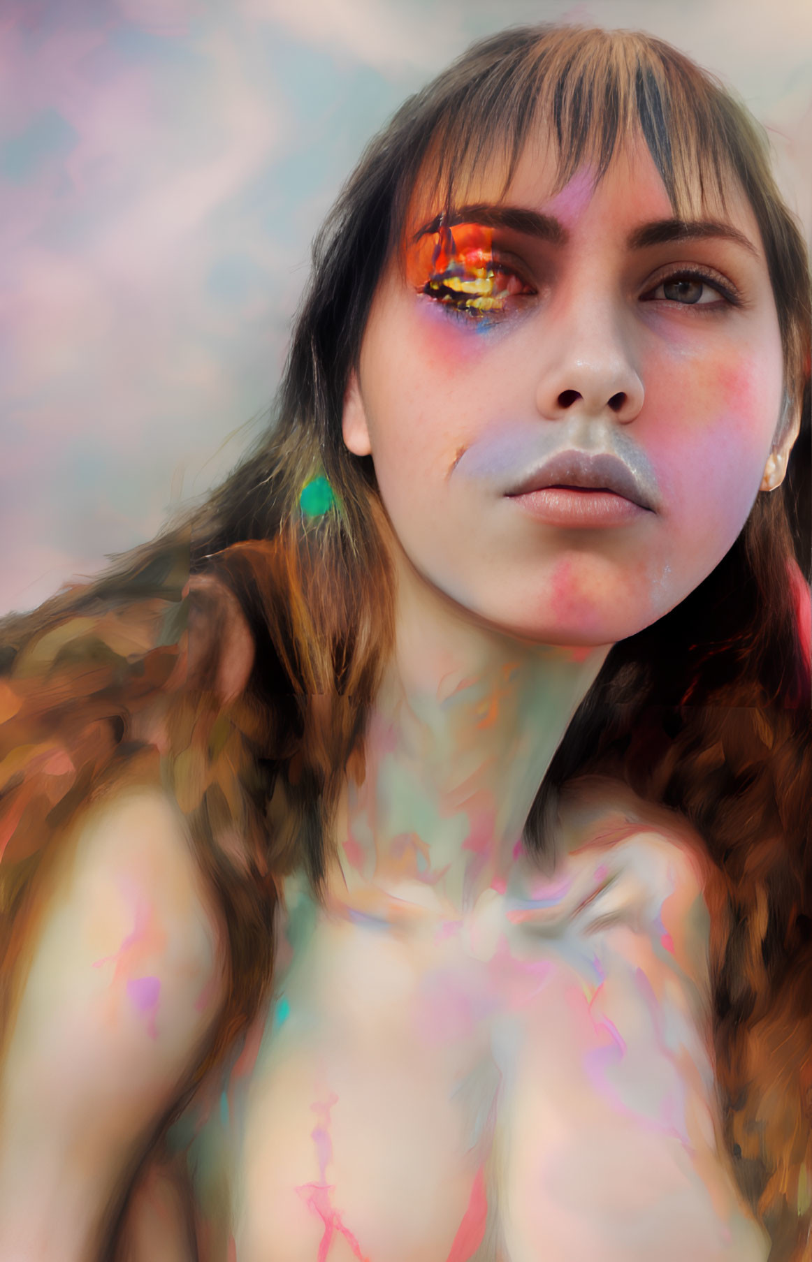 Colorful abstract digital portrait of a woman with paint-like smudges on face and body