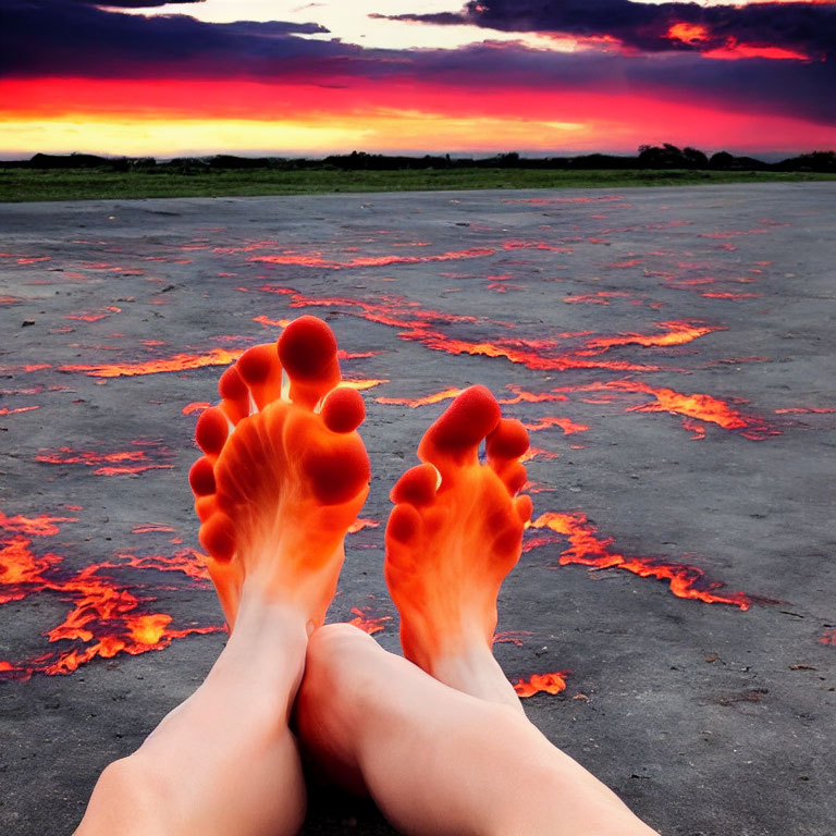 Surreal landscape with glowing lava cracks under sunset sky