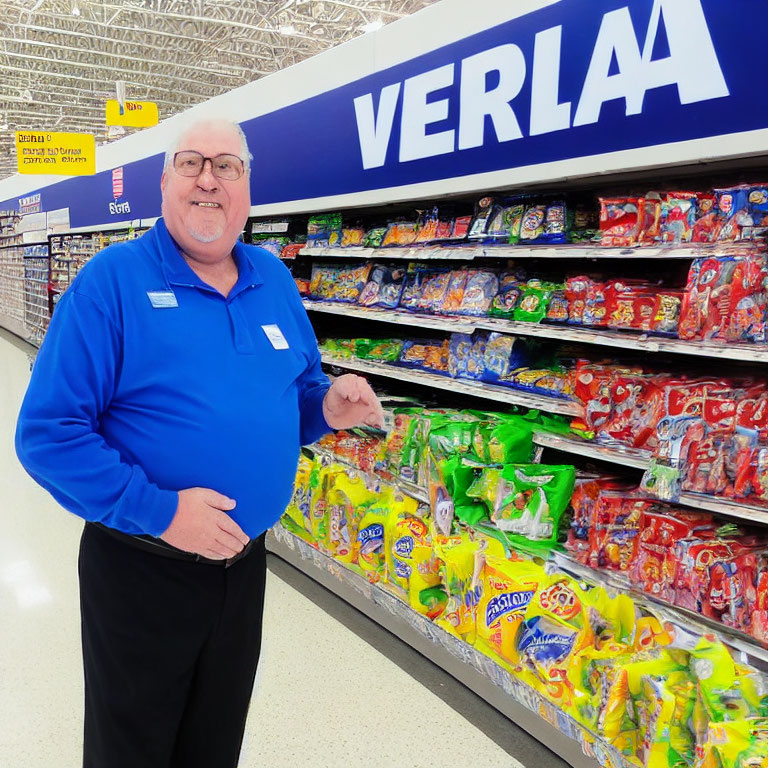 Colorful candy aisle with cheerful store employee in blue uniform