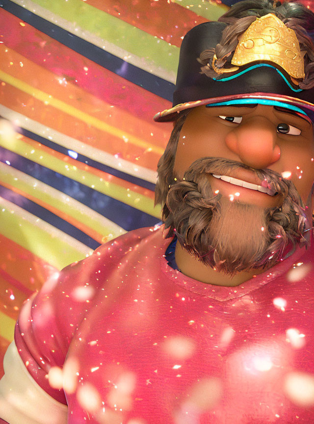 Colorful animated character with a mustache in hat and badge against rainbow backdrop